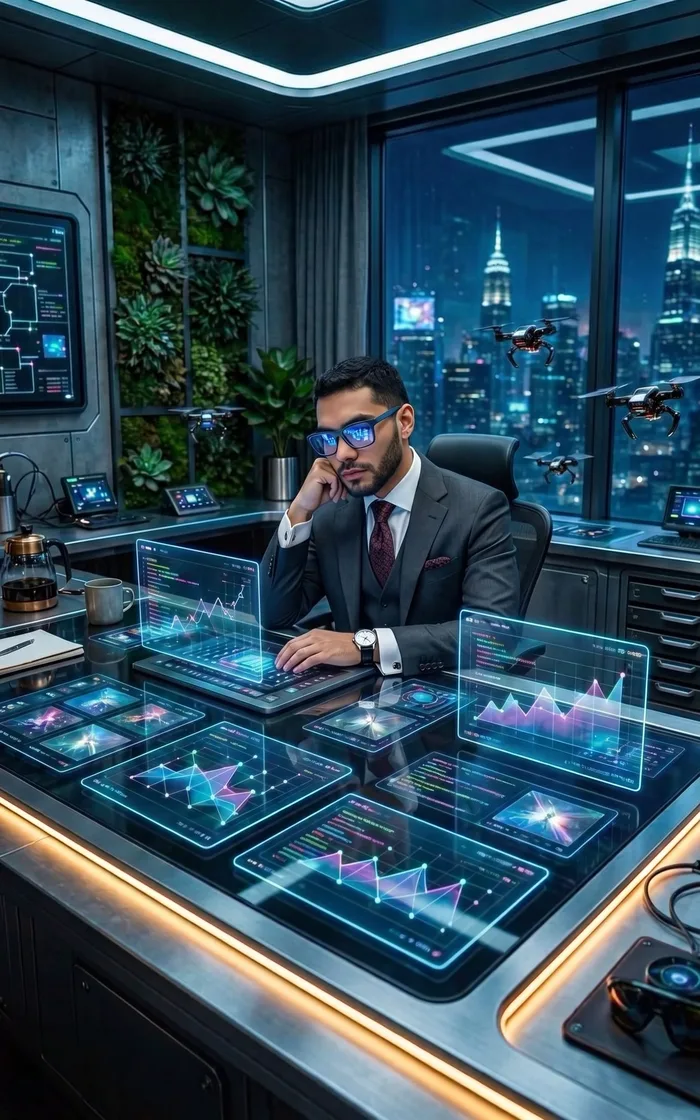 Abogado revisando paneles de datos con inteligencia artificial en tiempo real